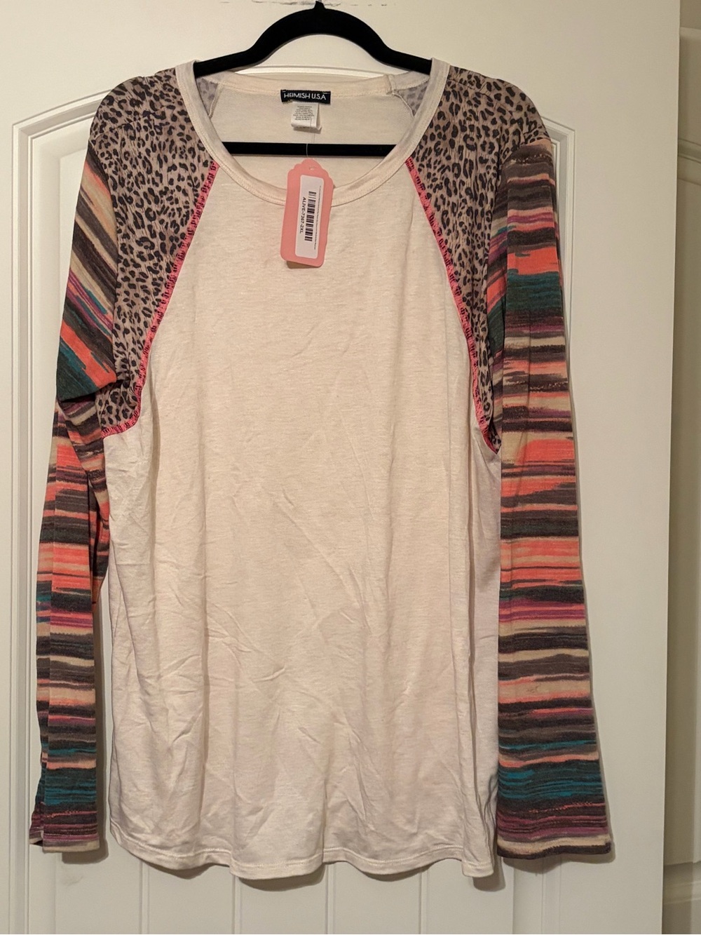 HEIMISH USA Cream Raglan Top with Multicolor Stripes and Leopard Shoulders